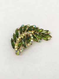 Vintage Green and AB Rhinestone Leaf Brooch Pin - Hers and His Treasures