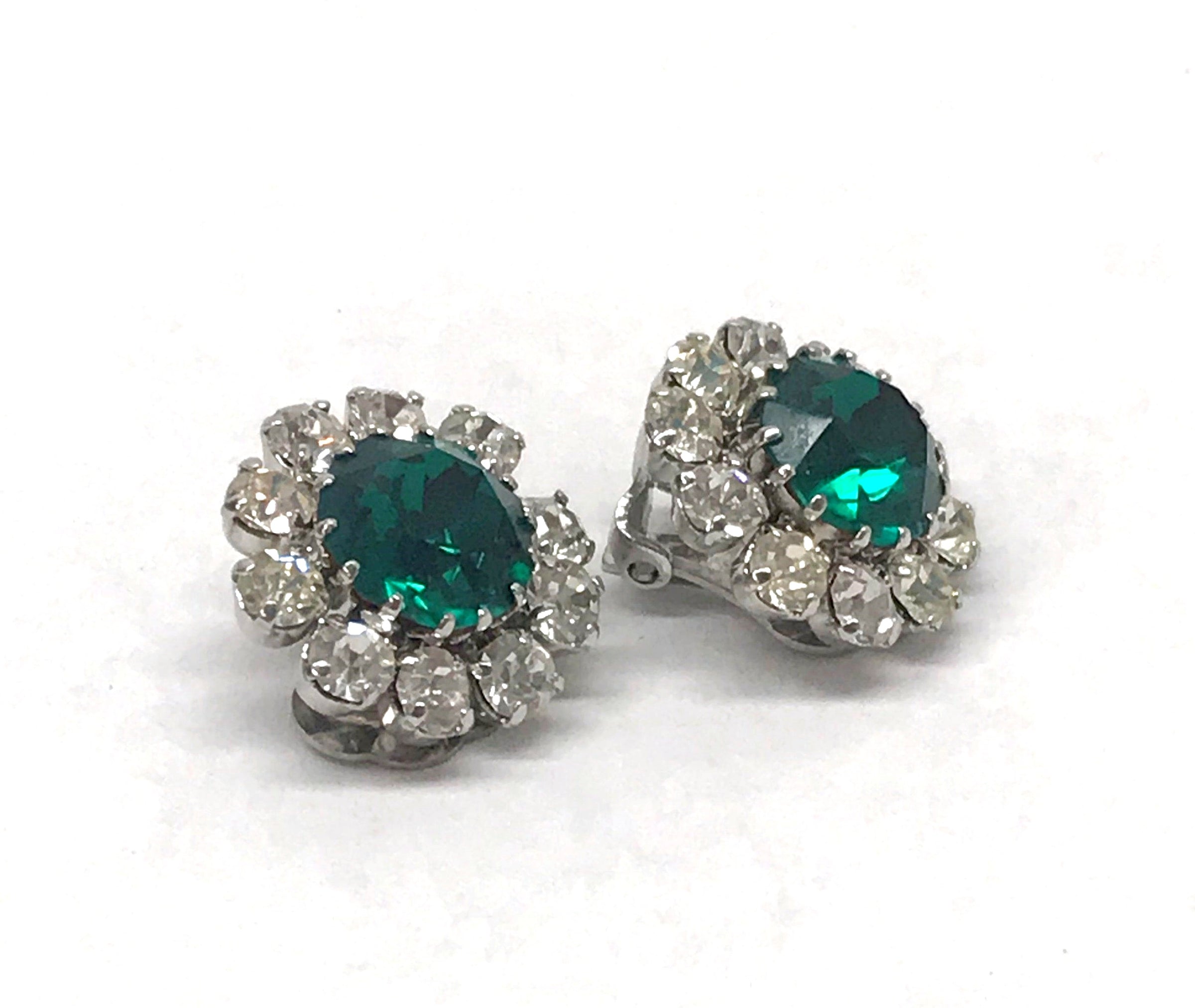 Weiss Round Gold Tone with Green Rhinestones Clip-On Earrings