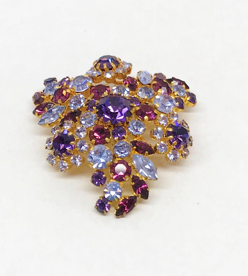 Purple & Blue Crystal Rhinestone Flower Cluster Brooch Pin Signed Austria - Hers and His Treasures