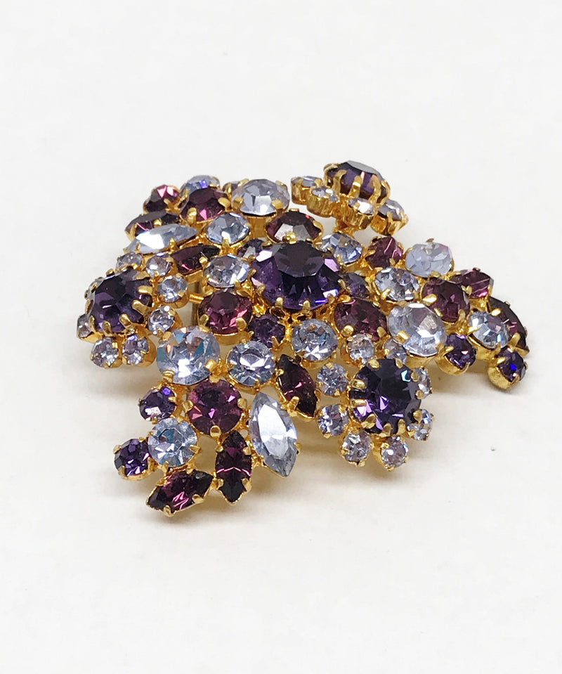 Purple & Blue Crystal Rhinestone Flower Cluster Brooch Pin Signed Austria - Hers and His Treasures