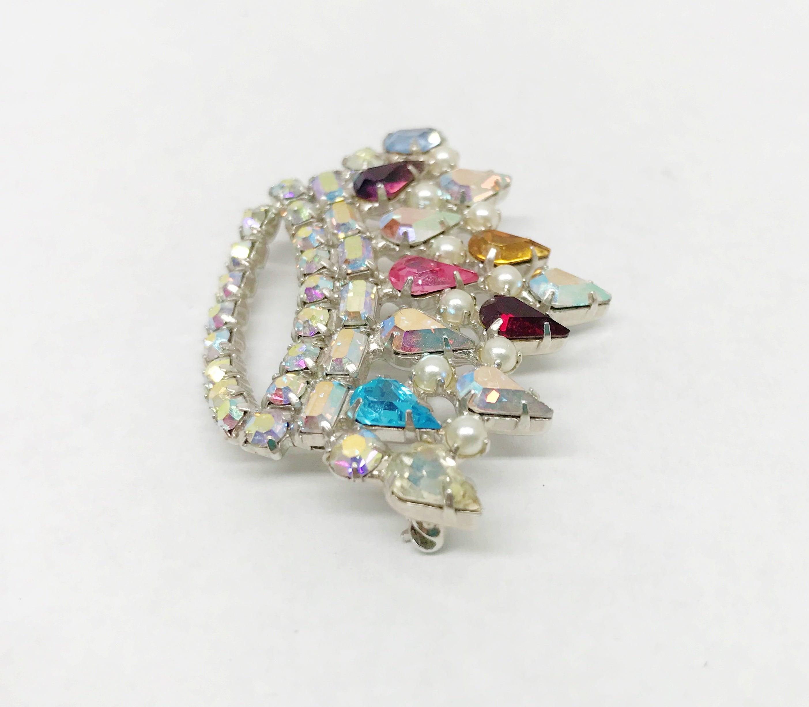 Vintage Signed B. David Mother's Multi-Colored Rhinestone Crown Brooch Pin  | USA