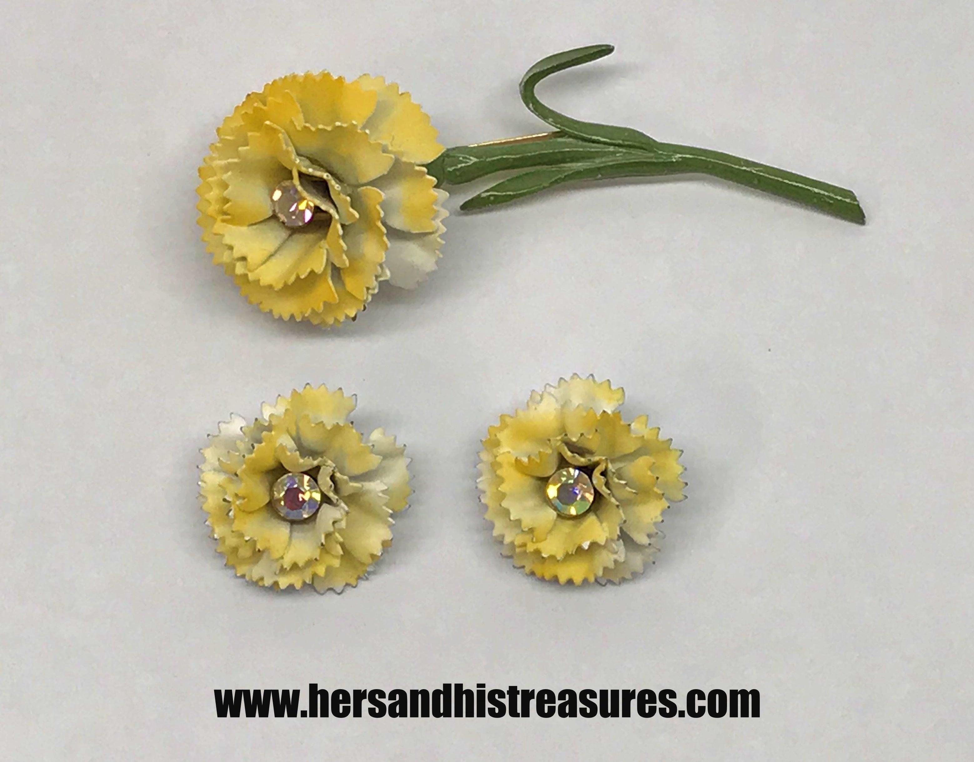 Vintage Brooch & Earrings Set Artisan Handmade Yellow Floral deals Flowers