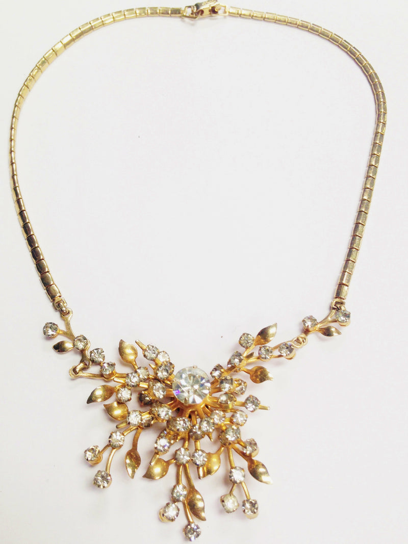 Coro Gold Tone Clear Rhinestone Starburst Flower Necklace | USA – Hers ...