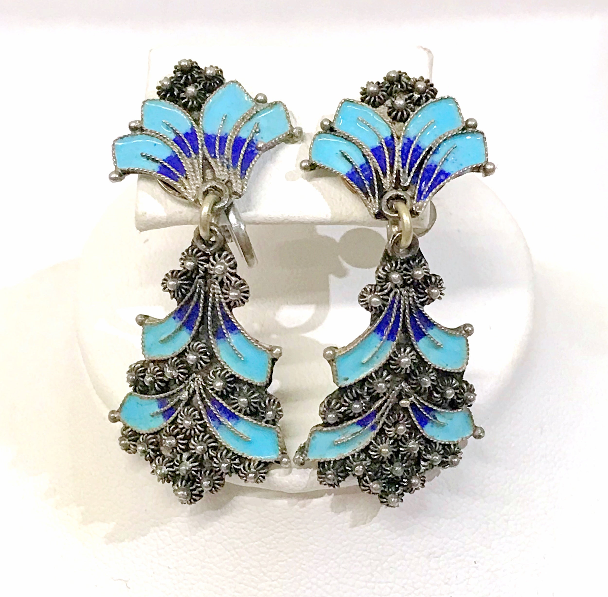 Blue store Enamel jewelry set. Enamel necklace & earrings set. Silver jewelry set. Vintage jewelry set. Handmade romantic flower jewelry set.