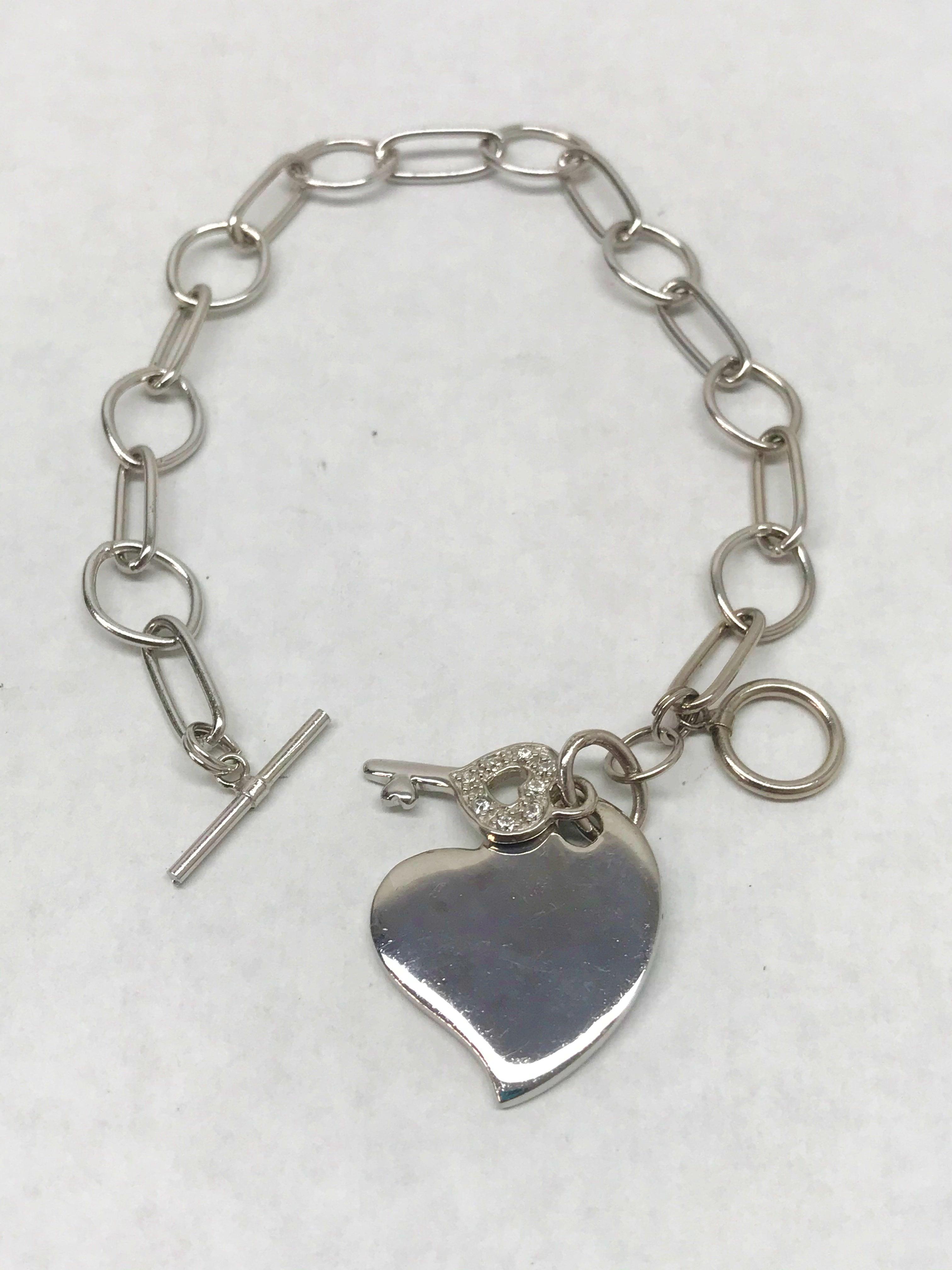 Sterling Silver Heart With Key Charms and Chain Link Bracelet