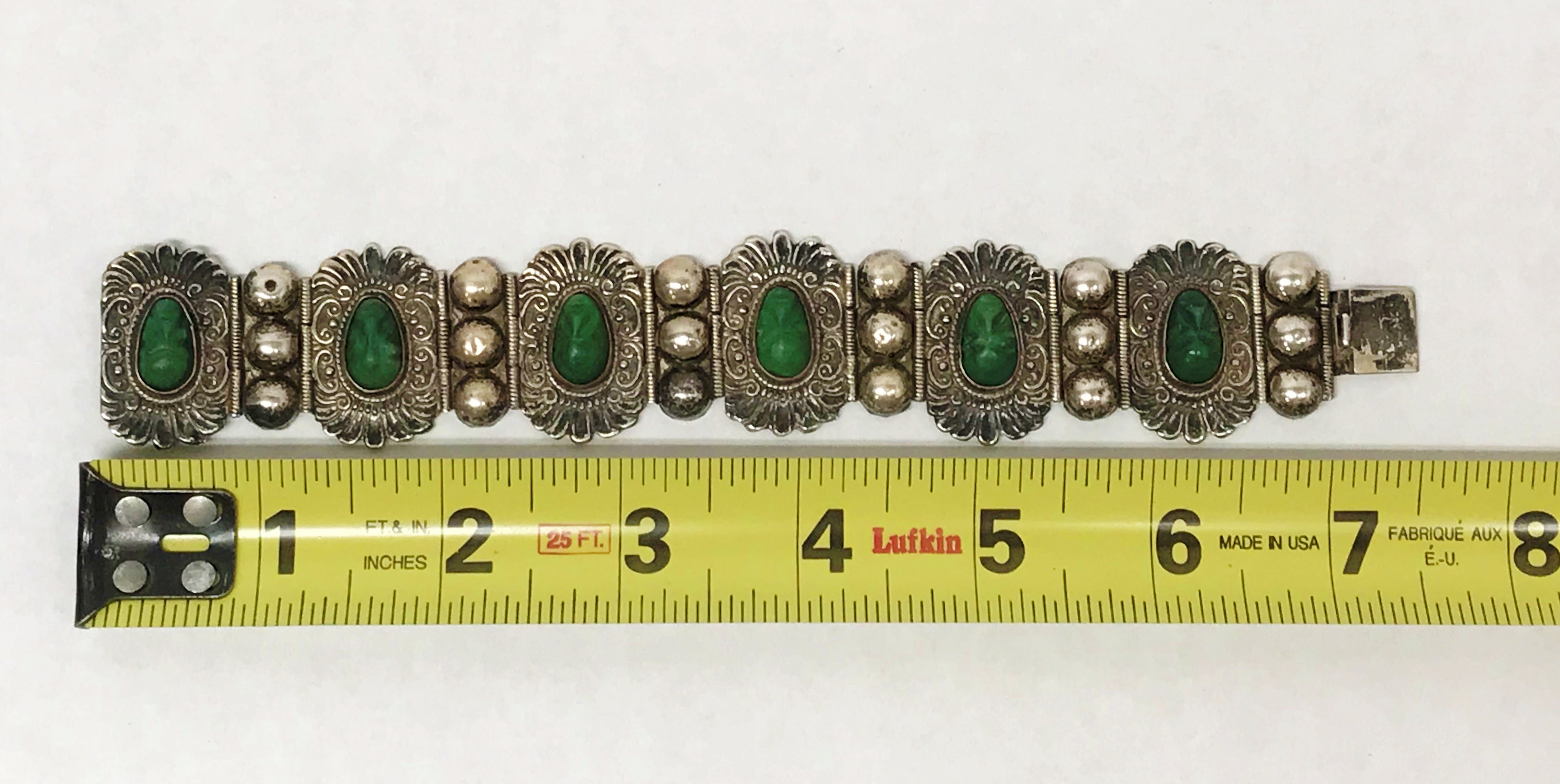 JOSE ANTON Bracelet Vintage outlet Sterling Silver Link Aztec Calendar Carved Green Turquoise Masks Mexico Jewelry