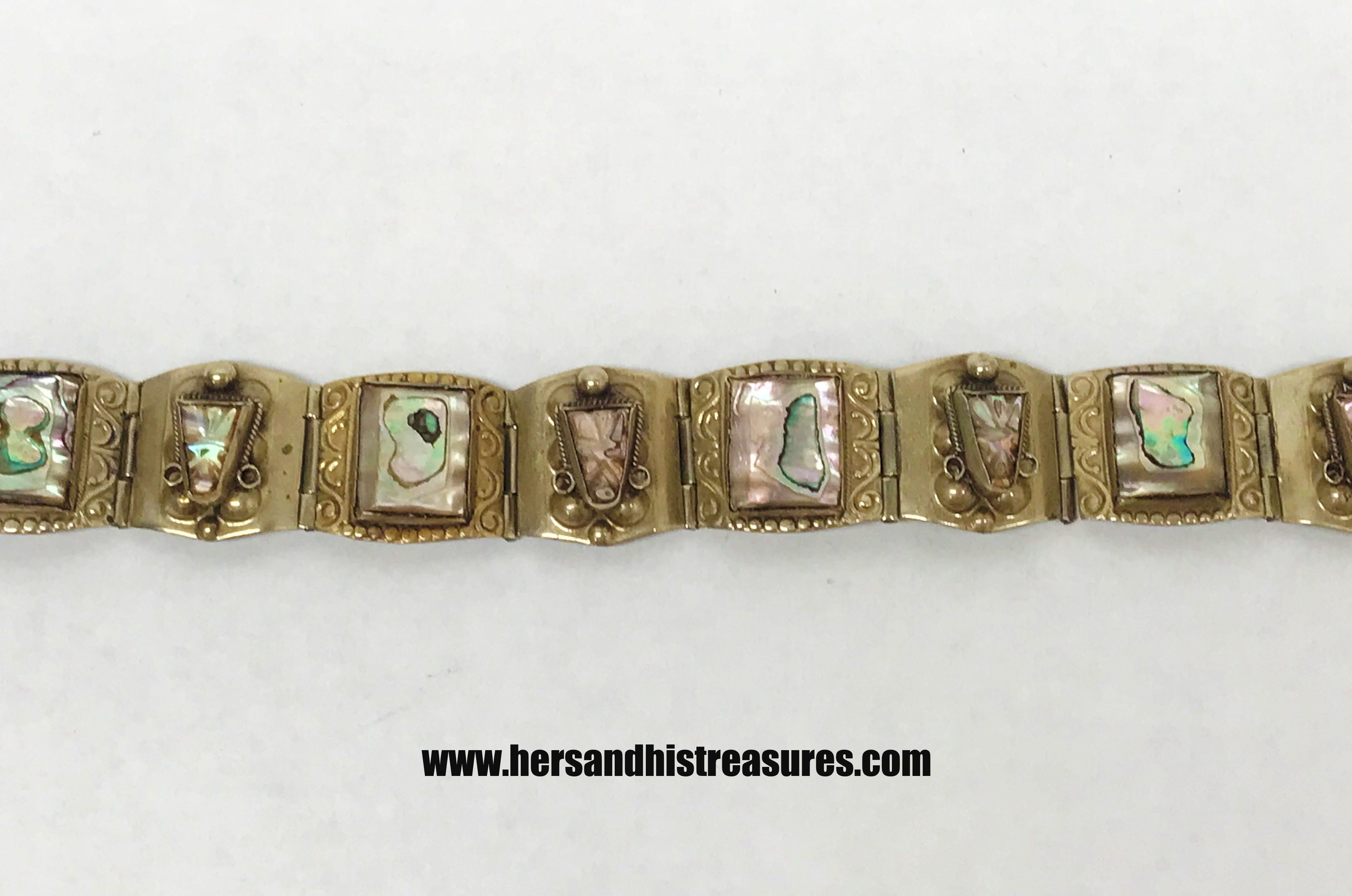 Vintage Abalone Panel Bracelet Alpaca Silver Mexico