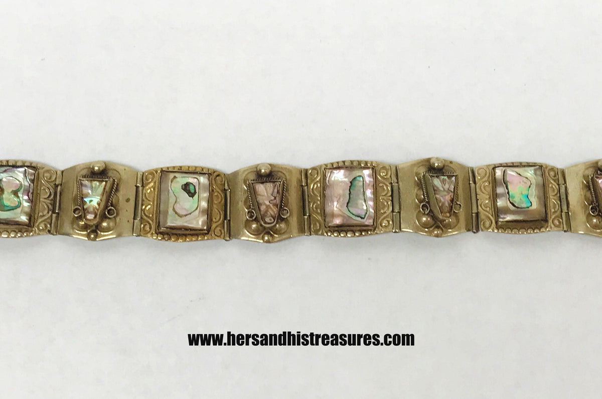 Vintage Abalone Panel Bracelet Alpaca Silver Mexico - Hers and His Treasures