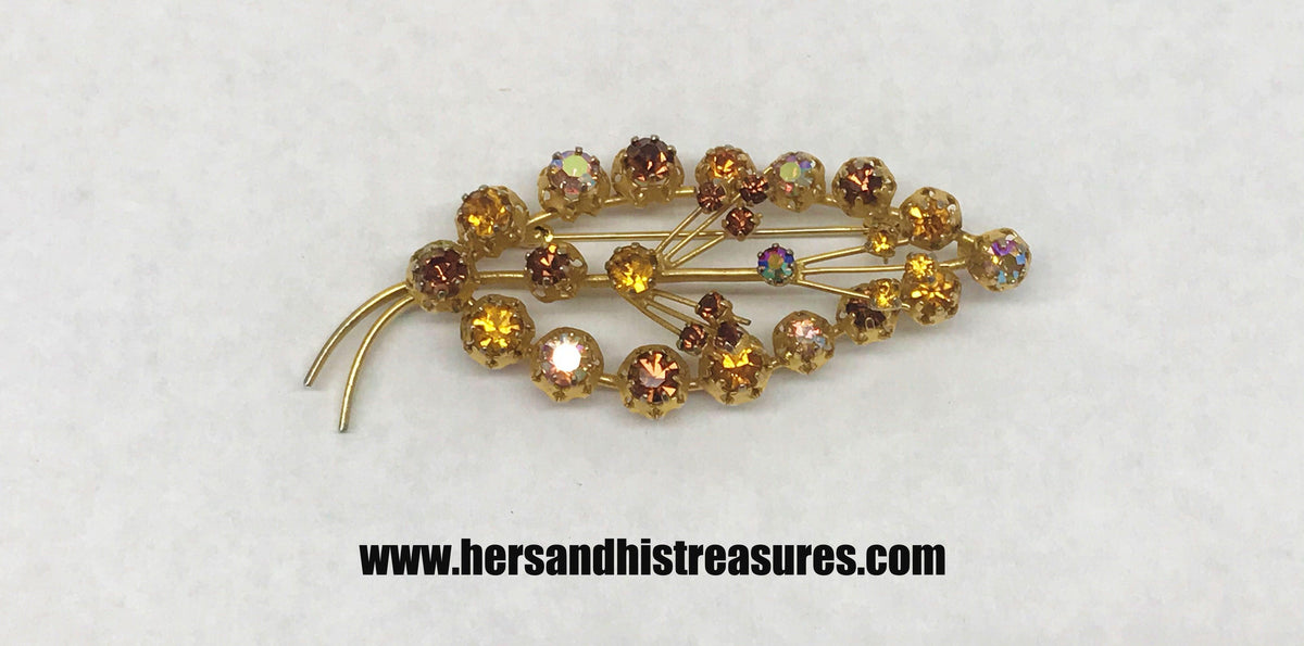 Vintage Gold Tone Brooch With Brown Yellow AB Rhinestones Austria - Hers and His Treasures